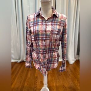 Aeropostale long sleeve pink cream blue crushed plaid button up shirt sz L EUC